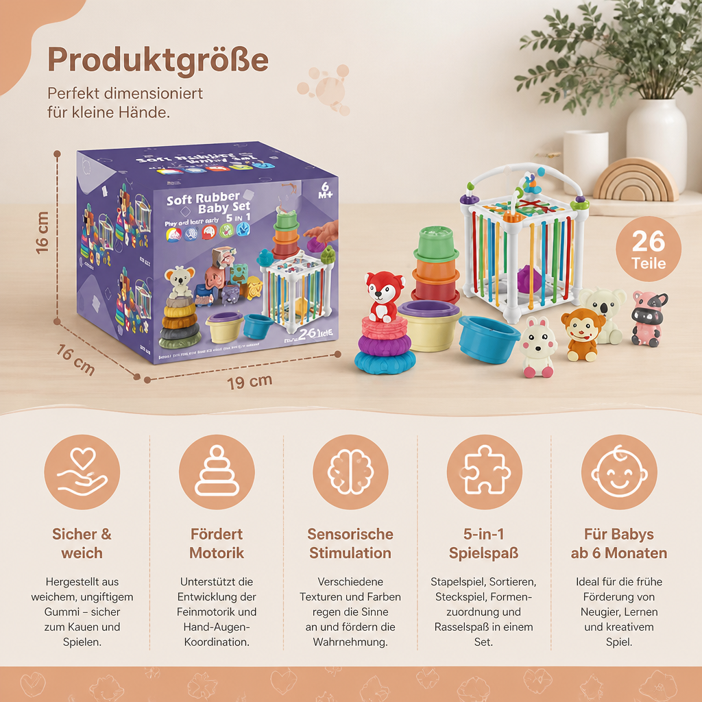 5-in-1 Montessori-Sensorik-Spielset für Babys aus weichem Gummi mit Stapel- & Sortierspielzeug – 26 Teile