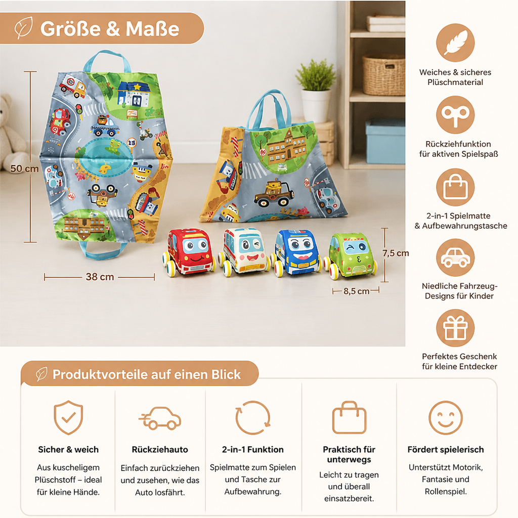 Weiches Plüsch-Rückziehauto-Set mit 2-in-1 Spielmatte & Aufbewahrungstasche
