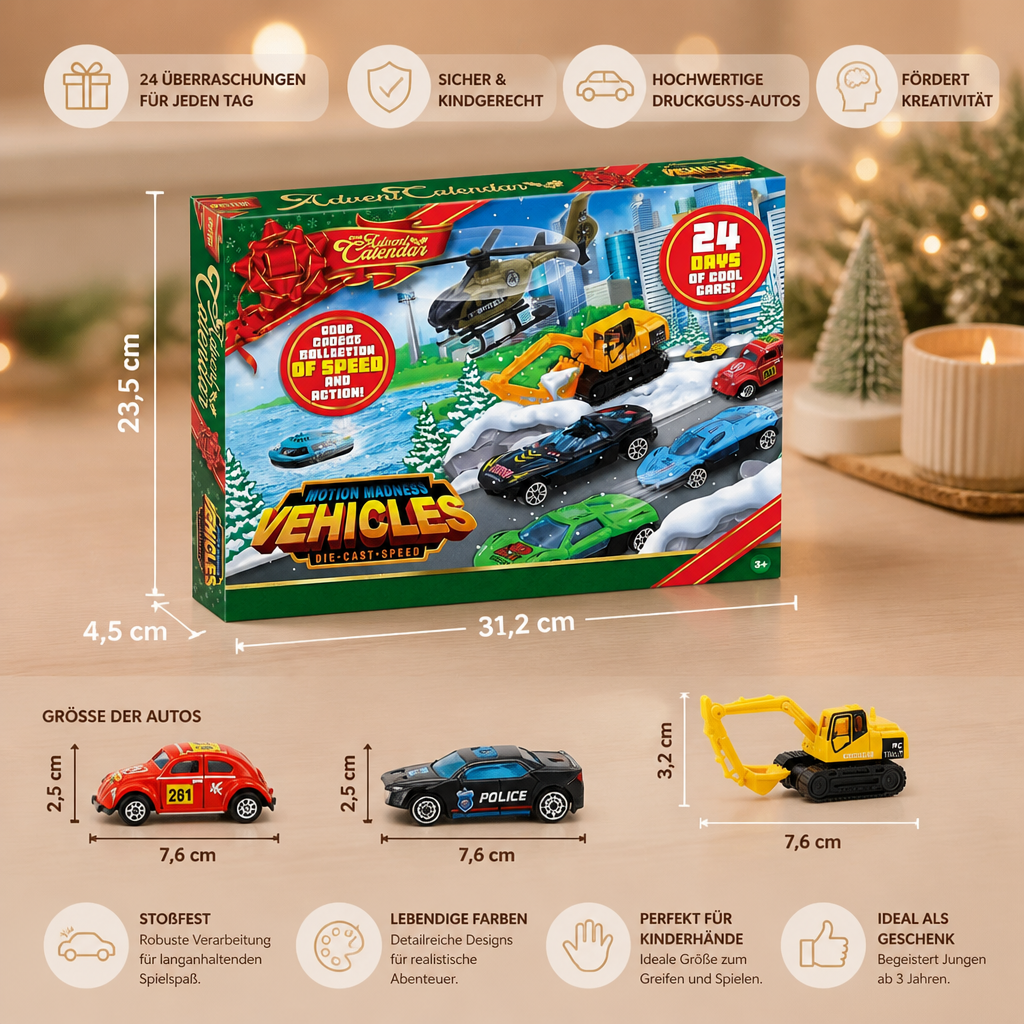 Weihnachts-Adventskalender mit Druckgussautos für Kinder