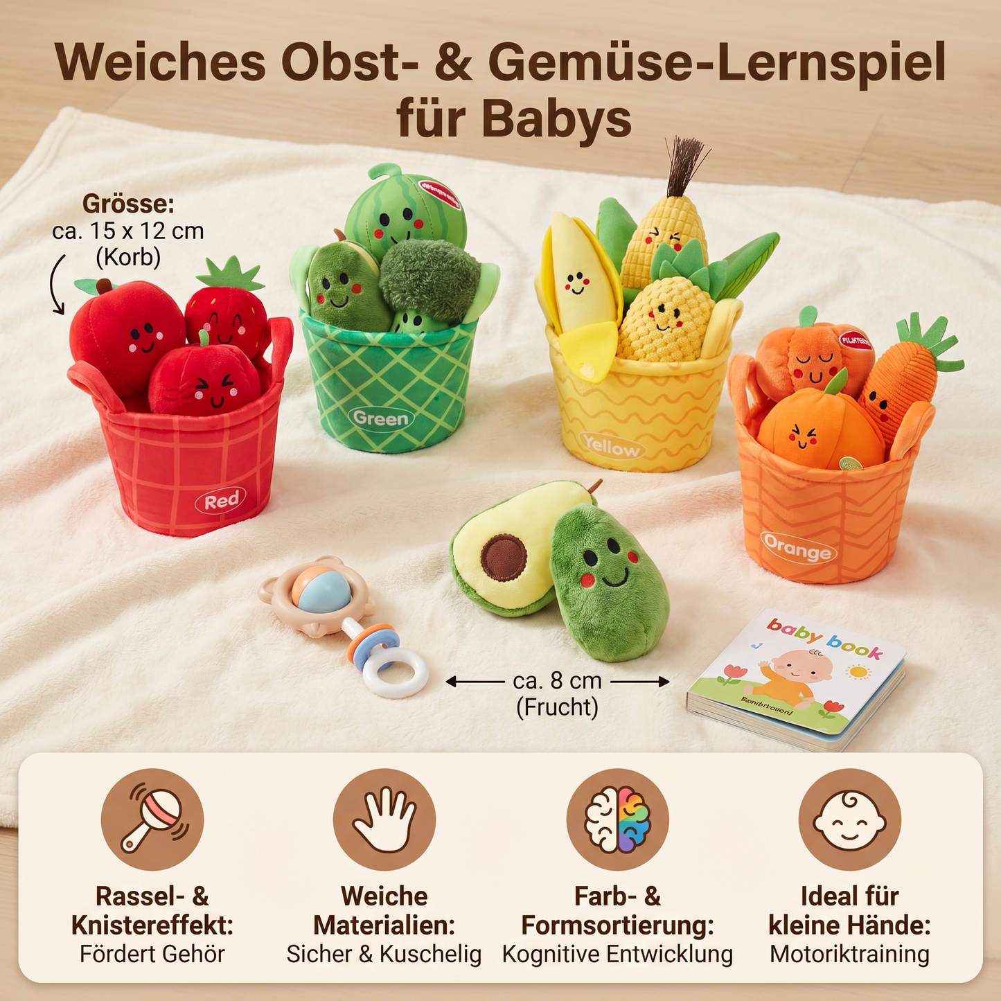Weiches Obst- & Gemüse-Lernspiel für Babys – 4er Farb-Sortier-Set mit Rassel und Knistereffekt
