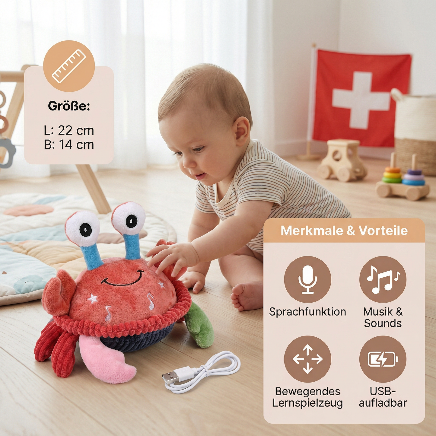 Interaktive Musikkrabbe mit Sprachfunktion – Bewegendes Lernspielzeug für Babys