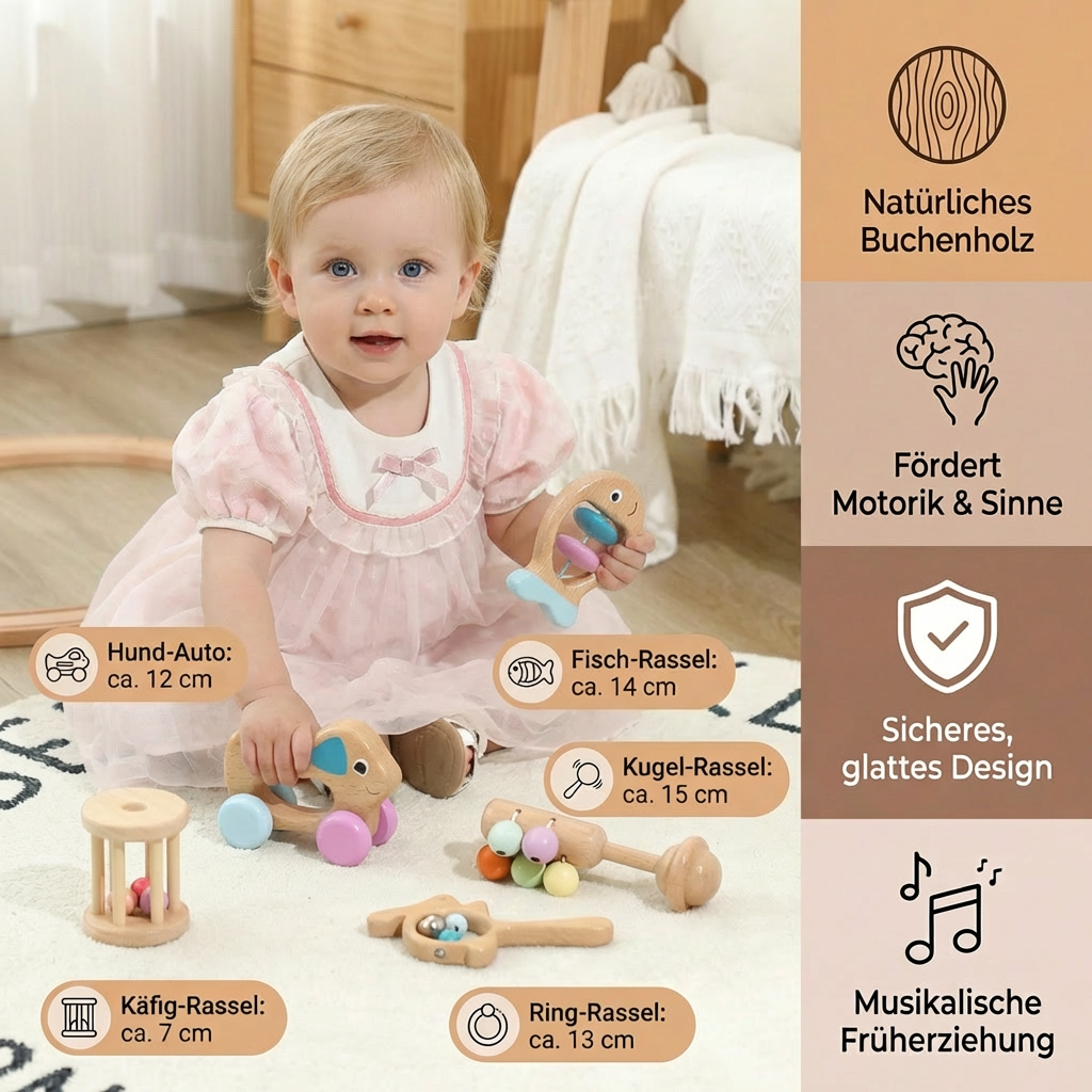 Baby Geschenkset aus Holz – Rassel- & Musikspielzeug für Neugeborene