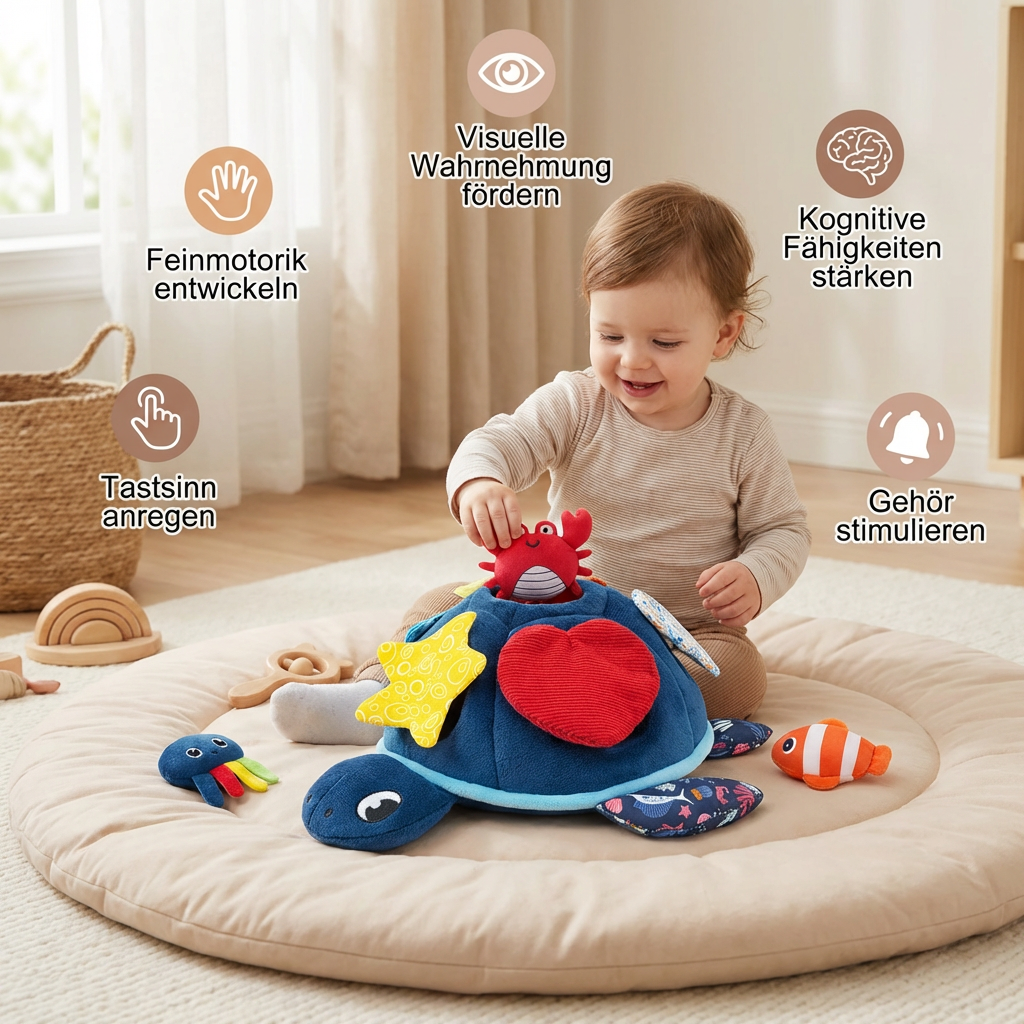 Montessori Schildkröten Entdecker-Spielzeug – Weiches Sensorik-Stoffspiel für Babys