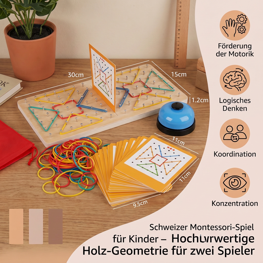 Montessori Holz-Geometrie-Duellspiel mit bunten Gummibändern