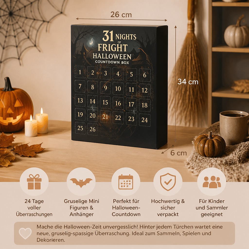 Halloween-Countdown-Kalender mit gruseligen Überraschungs-Mini-Figuren & Anhängern
