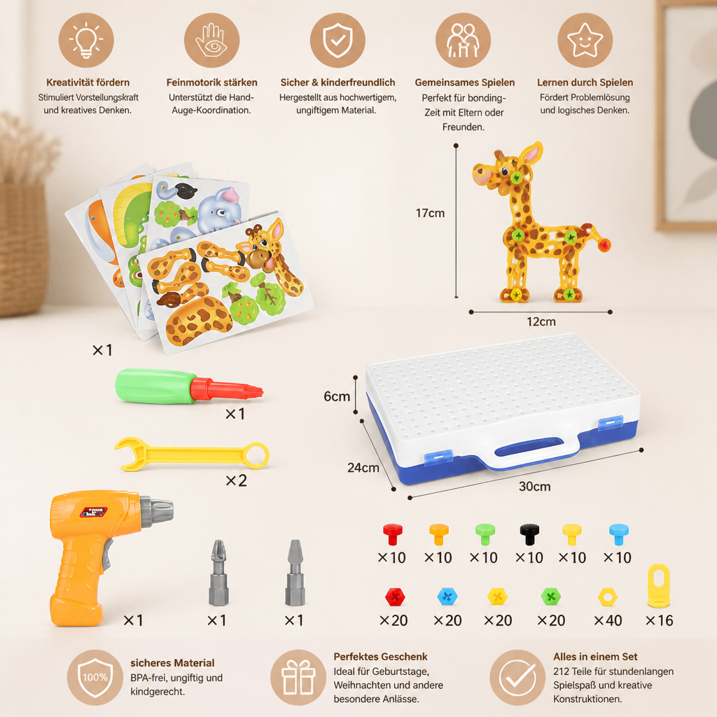 Safari-Tier-Bausteinset mit elektrischem Spielzeugbohrer für Kinder