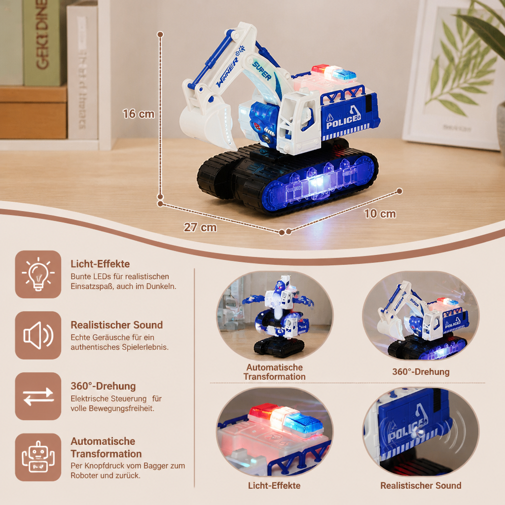Transformierender Polizei-Roboter-Bagger mit Licht & Sound
