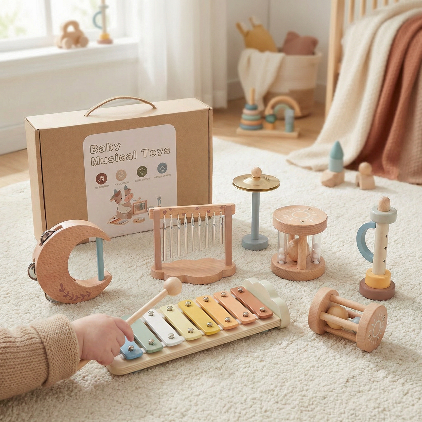Baby Holz-Klangspiel Set – 6-teiliges sensorisches Musik- & Klangspielzeug
