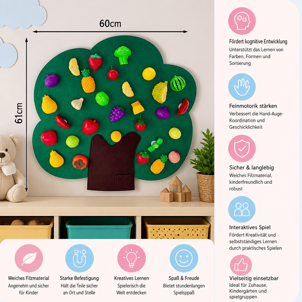 Aktivitätsbrett „Obstbaum“ aus Filz – Montessori-Lernspielzeug