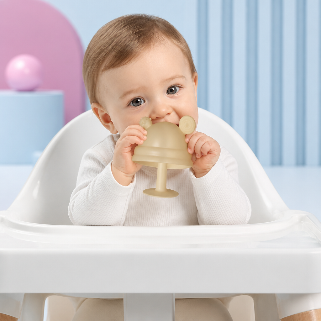 Baby-Beißring in Pilzform aus Silikon für kleine Hände