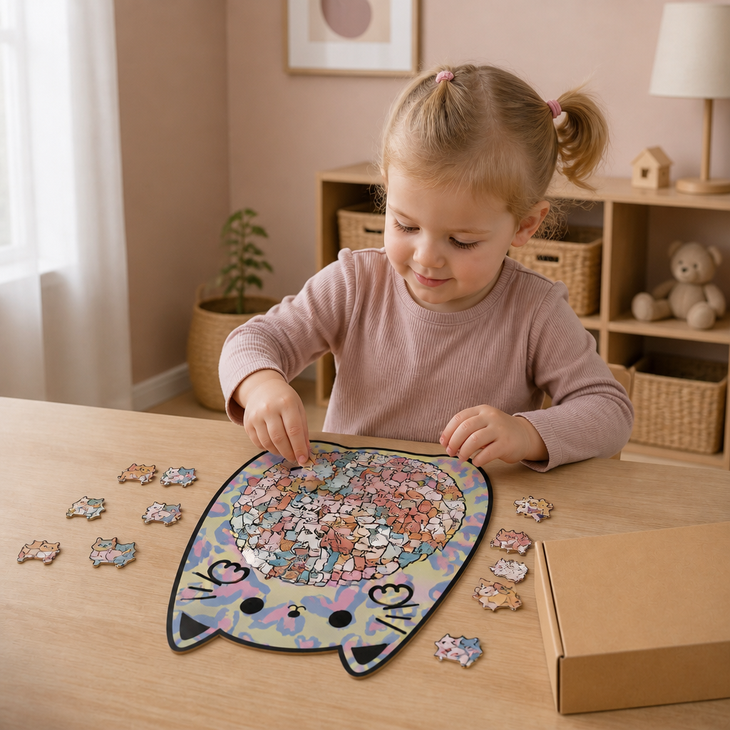 135-teiliges Holz-Puzzle mit katzenförmigen Puzzleteilen