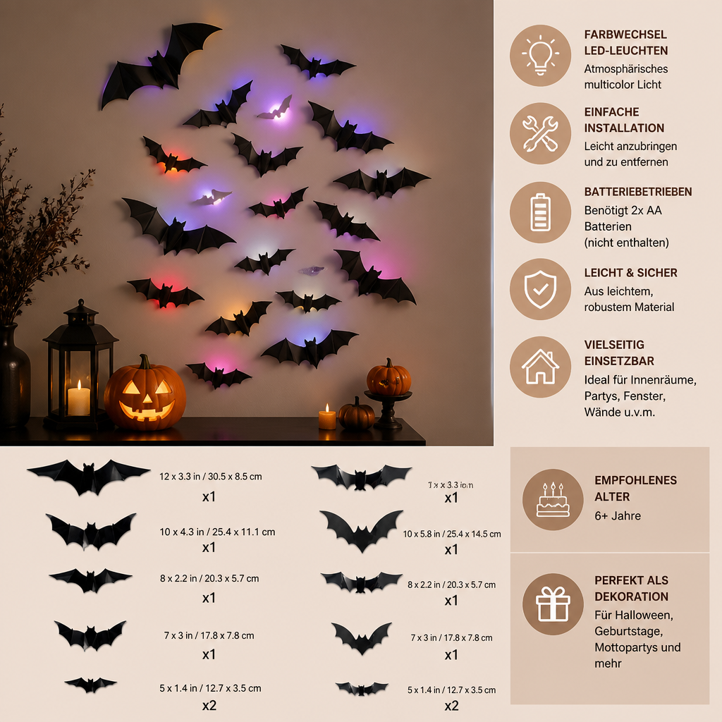 3D-LED-Halloween-Fledermaus-Wanddekoration mit Farbwechsel-Lichtern