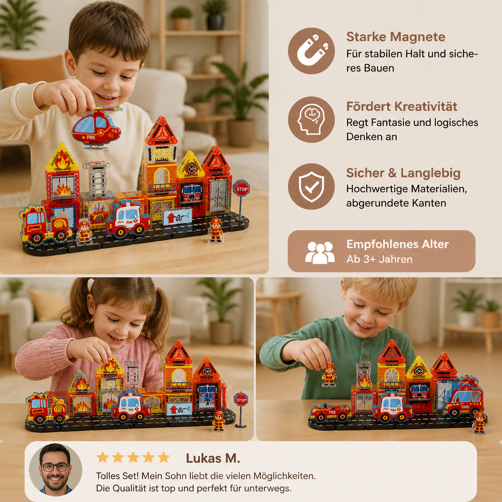 40-Piece Magnetic Travel Building Set with Construction, Fire Truck & Police Vehicles
