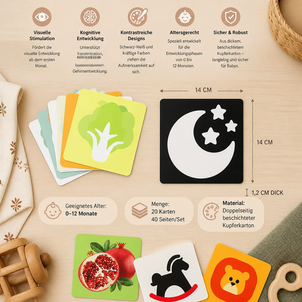Montessori Lernkarten für Babys – Visuelle Stimulation, Farberkennung & Sortierset