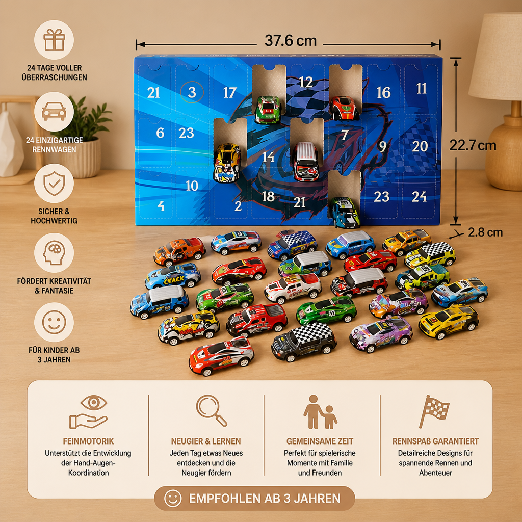 24-Tage-Rennauto-Adventskalender mit Überraschungs-Spielzeugautos