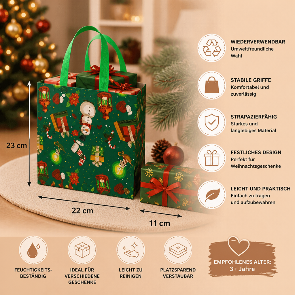 Wiederverwendbare Weihnachtsgeschenktaschen mit Griffen – Verschiedene Festliche Designs