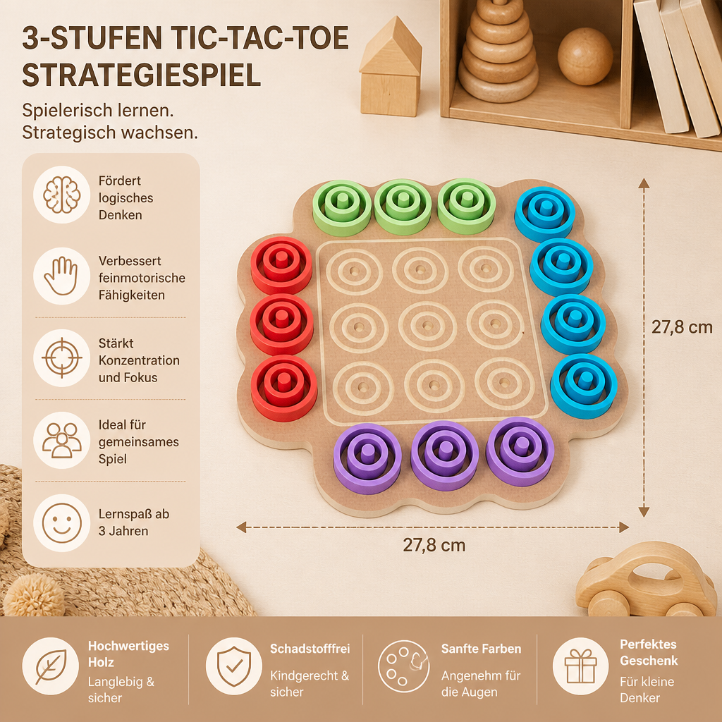 Pädagogisches 3-stufiges Tic-Tac-Toe-Strategiespiel aus Holz