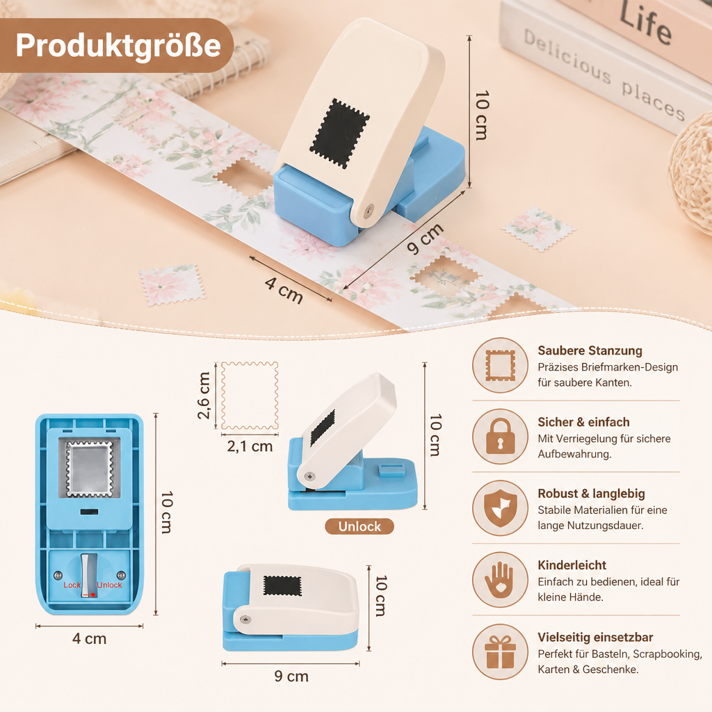 DIY-Papierstanzer im Briefmarken-Design für Kinderbasteleien