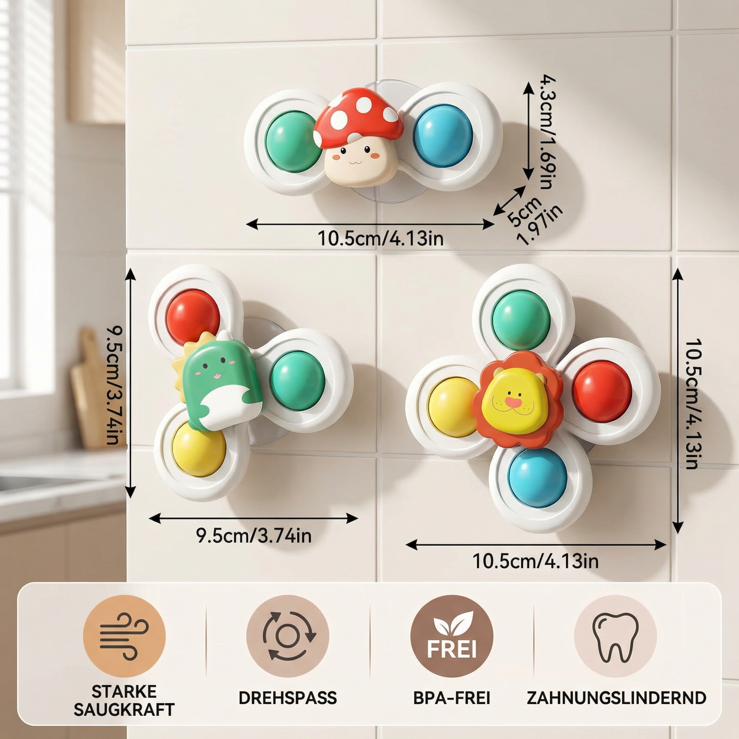 Niedliches Saugnapf Drehspielzeug für Babys 3er Set