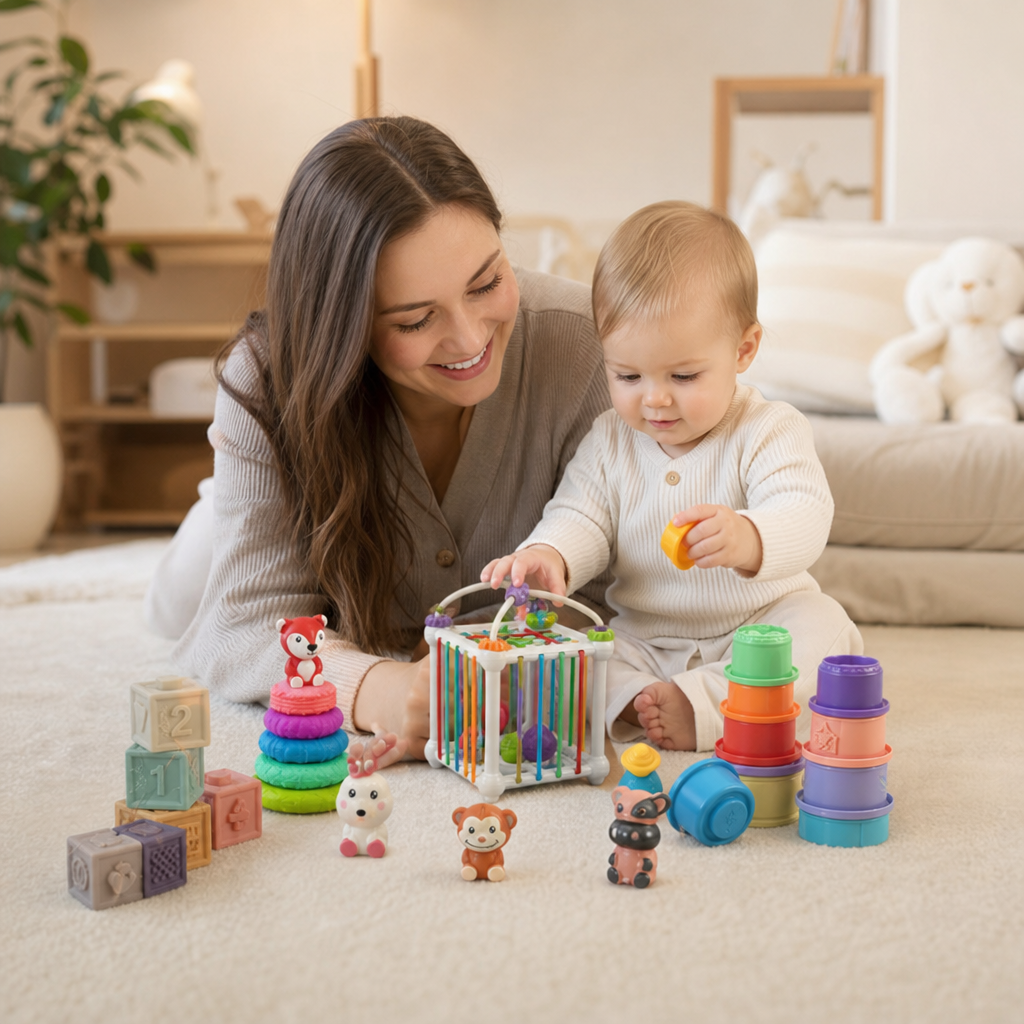 5-in-1 Montessori-Sensorik-Spielset für Babys aus weichem Gummi mit Stapel- & Sortierspielzeug – 26 Teile