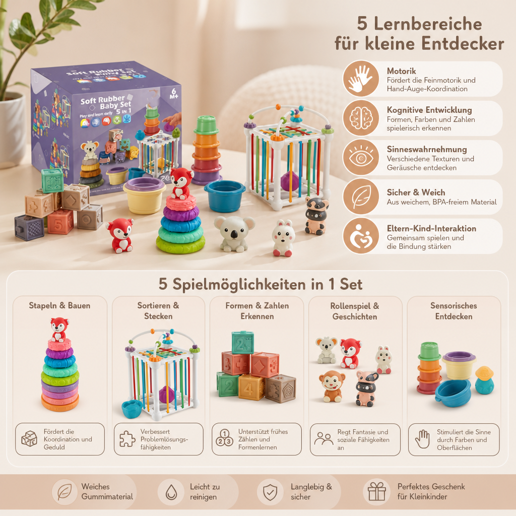 5-in-1 Montessori-Sensorik-Spielset für Babys aus weichem Gummi mit Stapel- & Sortierspielzeug – 26 Teile
