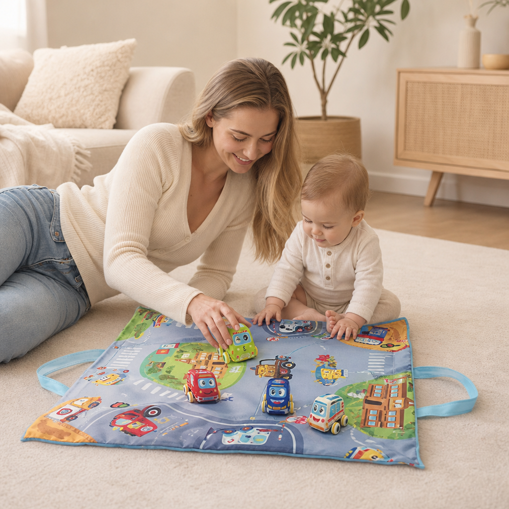 Weiches Plüsch-Rückziehauto-Set mit 2-in-1 Spielmatte & Aufbewahrungstasche