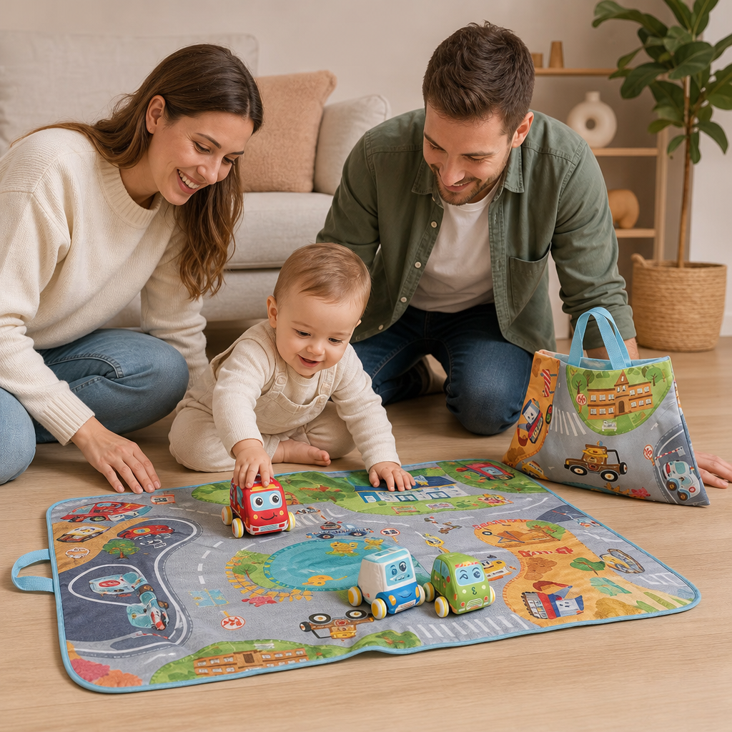 Weiches Plüsch-Rückziehauto-Set mit 2-in-1 Spielmatte & Aufbewahrungstasche
