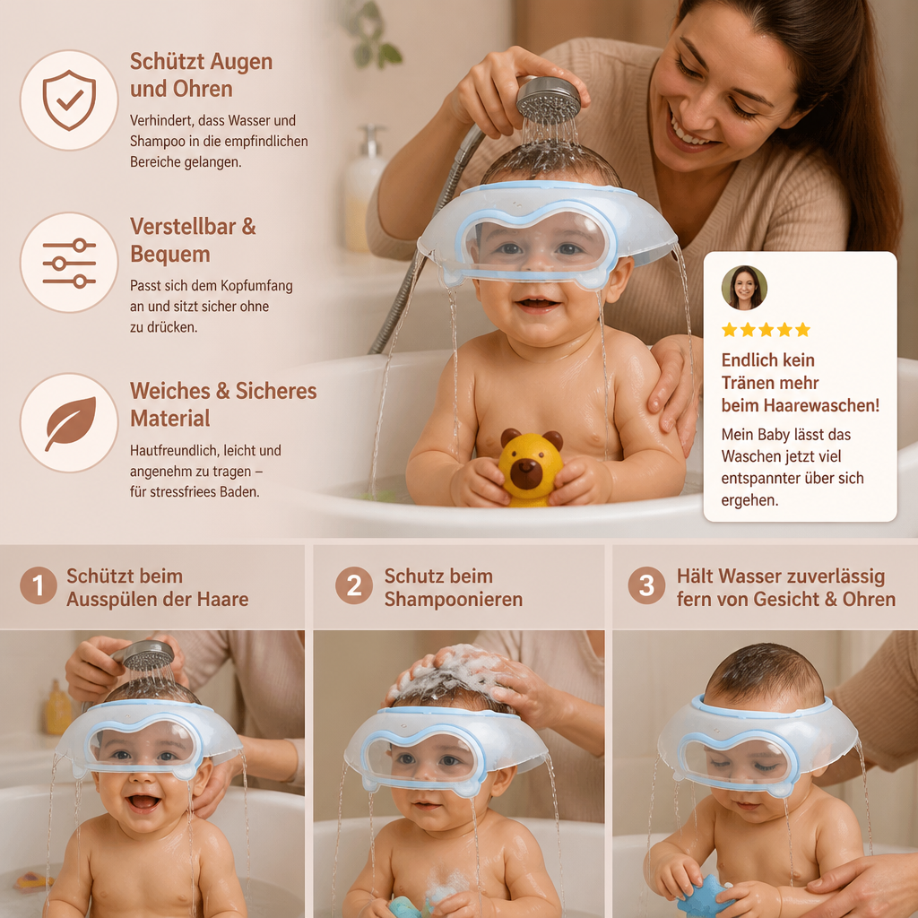 Verstellbarer Baby-Wasser- & Shampoo-Schutzschirm mit 360° Augen- & Ohrenschutz