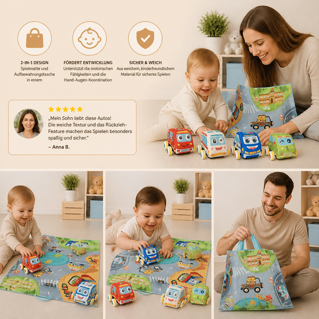 Weiches Plüsch-Rückziehauto-Set mit 2-in-1 Spielmatte & Aufbewahrungstasche