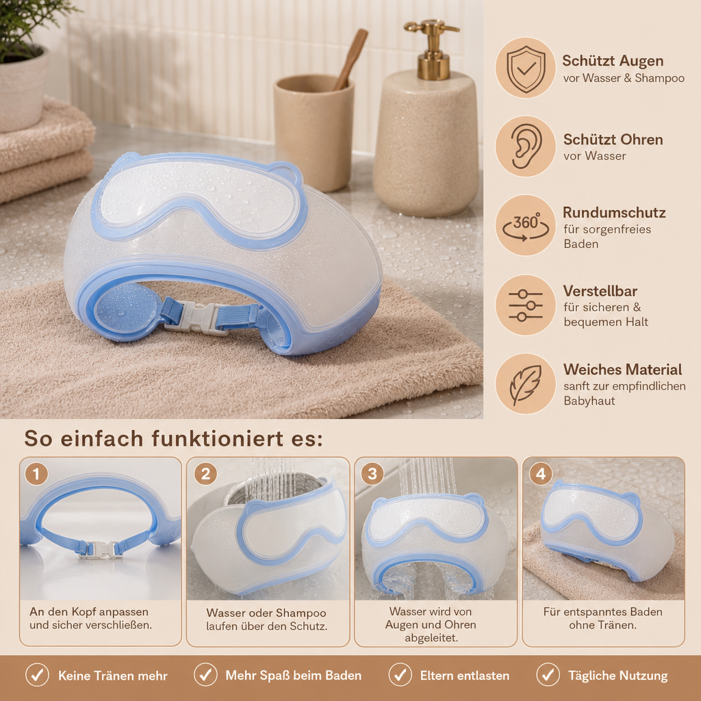 Verstellbarer Baby-Wasser- & Shampoo-Schutzschirm mit 360° Augen- & Ohrenschutz