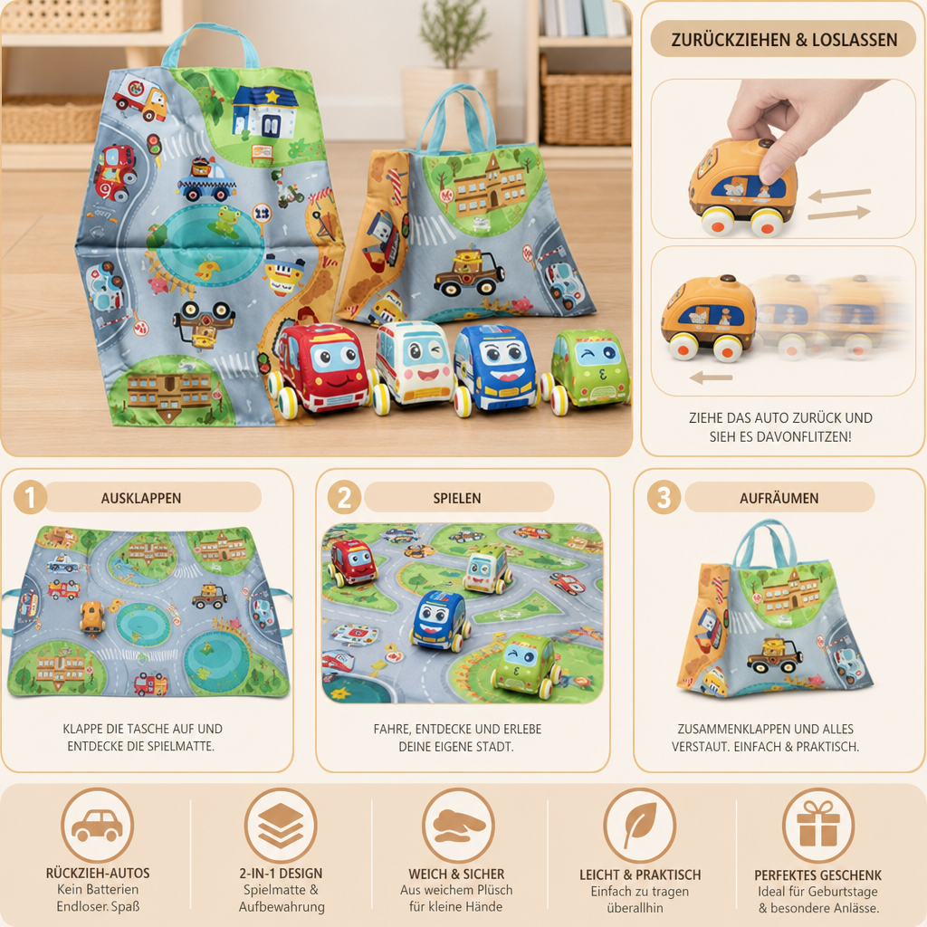 Weiches Plüsch-Rückziehauto-Set mit 2-in-1 Spielmatte & Aufbewahrungstasche