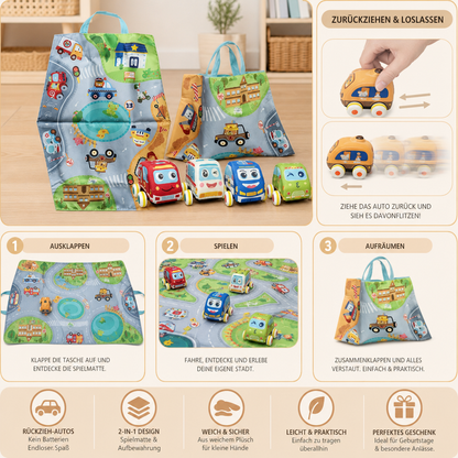 Weiches Plüsch-Rückziehauto-Set mit 2-in-1 Spielmatte & Aufbewahrungstasche