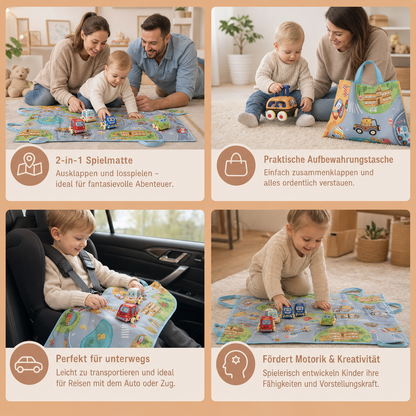Weiches Plüsch-Rückziehauto-Set mit 2-in-1 Spielmatte & Aufbewahrungstasche