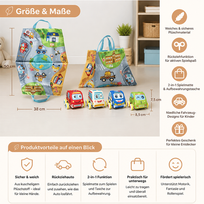Weiches Plüsch-Rückziehauto-Set mit 2-in-1 Spielmatte & Aufbewahrungstasche