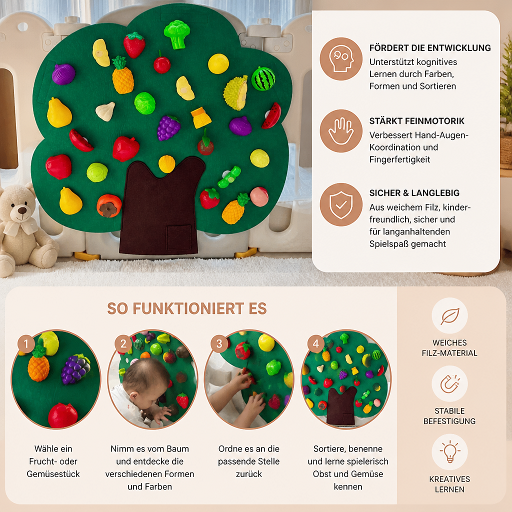 Aktivitätsbrett „Obstbaum“ aus Filz – Montessori-Lernspielzeug