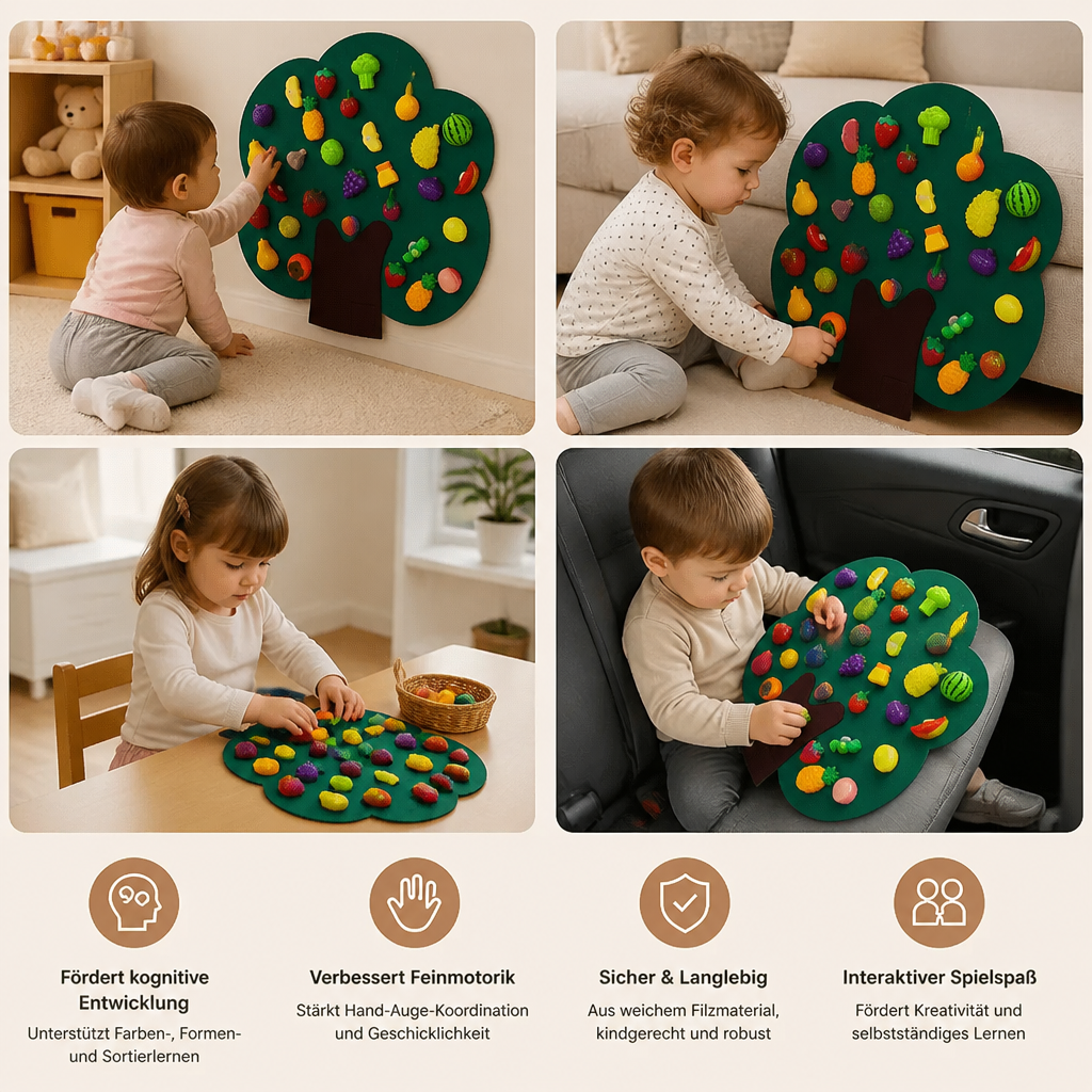 Aktivitätsbrett „Obstbaum“ aus Filz – Montessori-Lernspielzeug