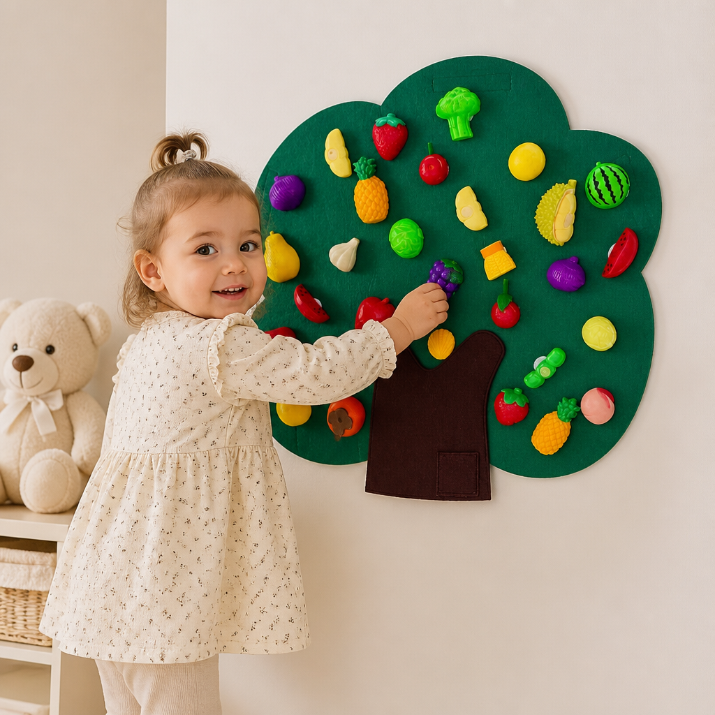 Aktivitätsbrett „Obstbaum“ aus Filz – Montessori-Lernspielzeug