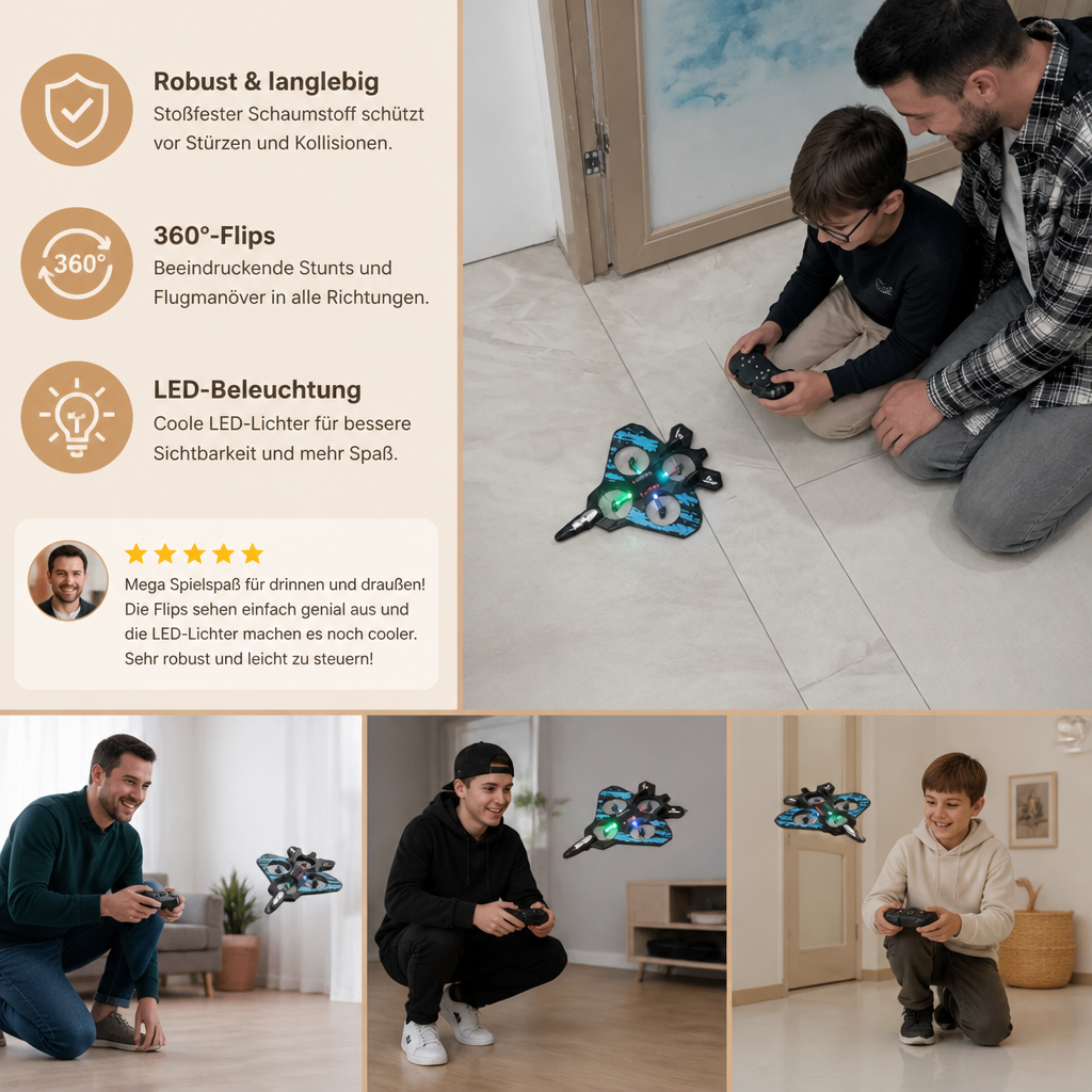 Robuste RC-Kampfjet-Drohne aus Schaumstoff für drinnen & draußen – 360°-Flips & LED-Lichter