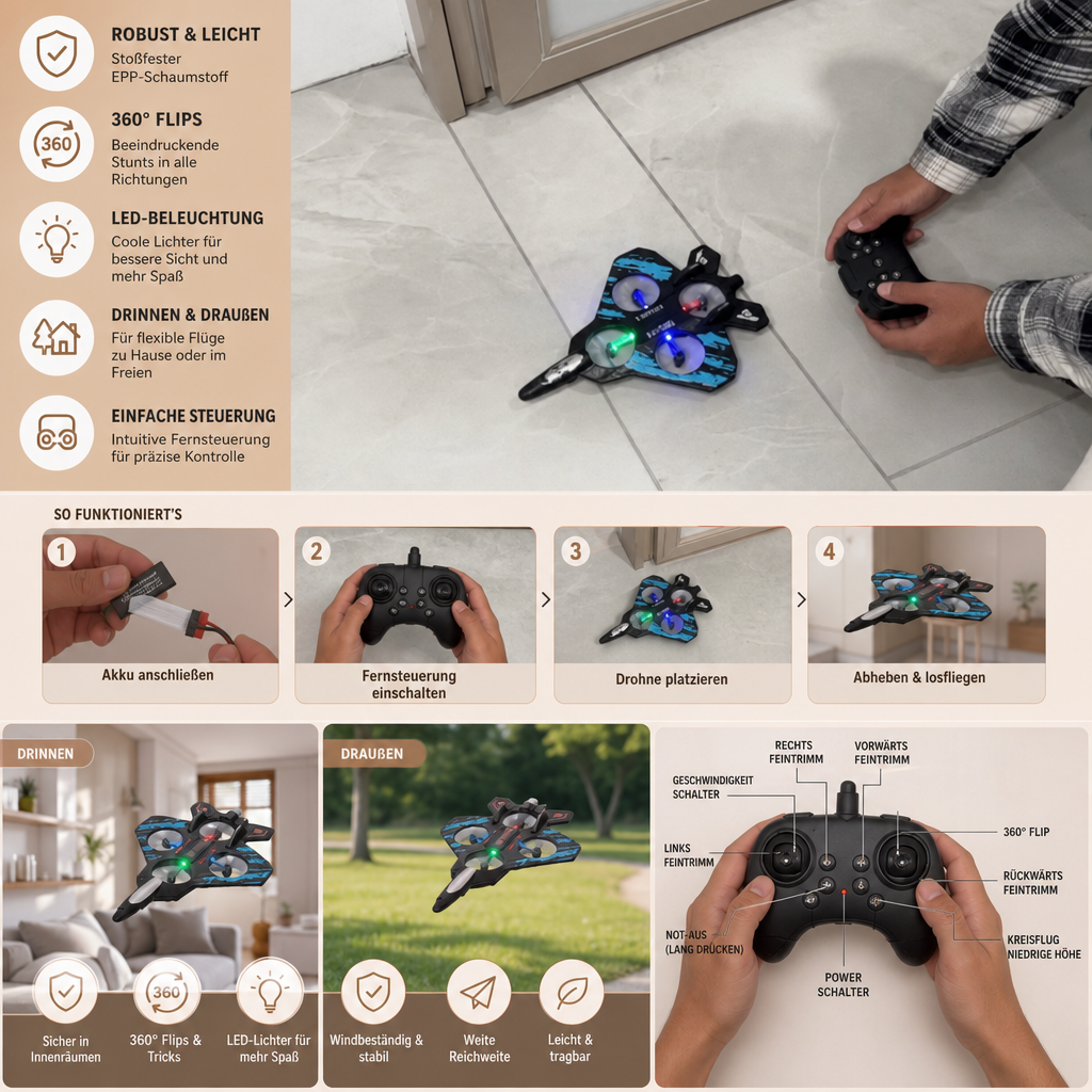 Robuste RC-Kampfjet-Drohne aus Schaumstoff für drinnen & draußen – 360°-Flips & LED-Lichter