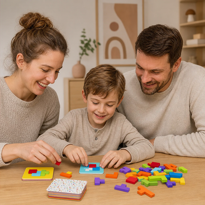 Familienspiel: Holzpuzzle zum Zuordnen von Formen