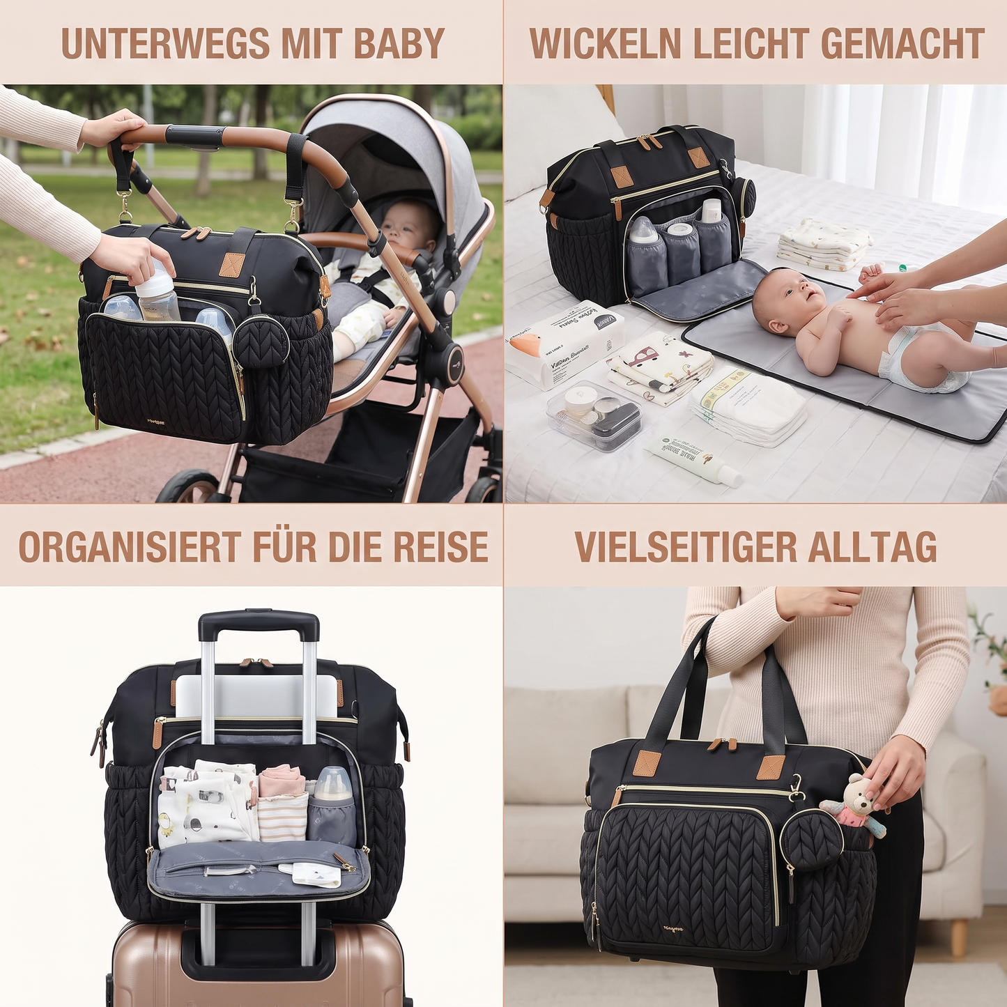 Leichte wasserdichte Wickeltasche – Großes Fassungsvermögen mit Wickelunterlage & Schnullerbox