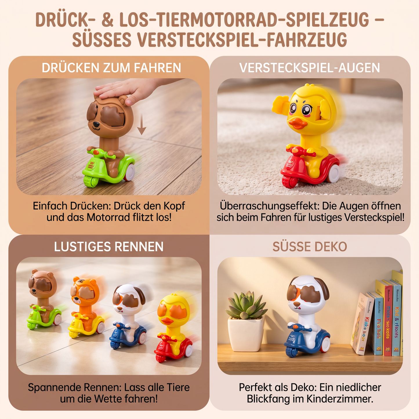 Drück- & Los-Tiermotorrad-Spielzeug – Süßes Versteckspiel-Fahrzeug