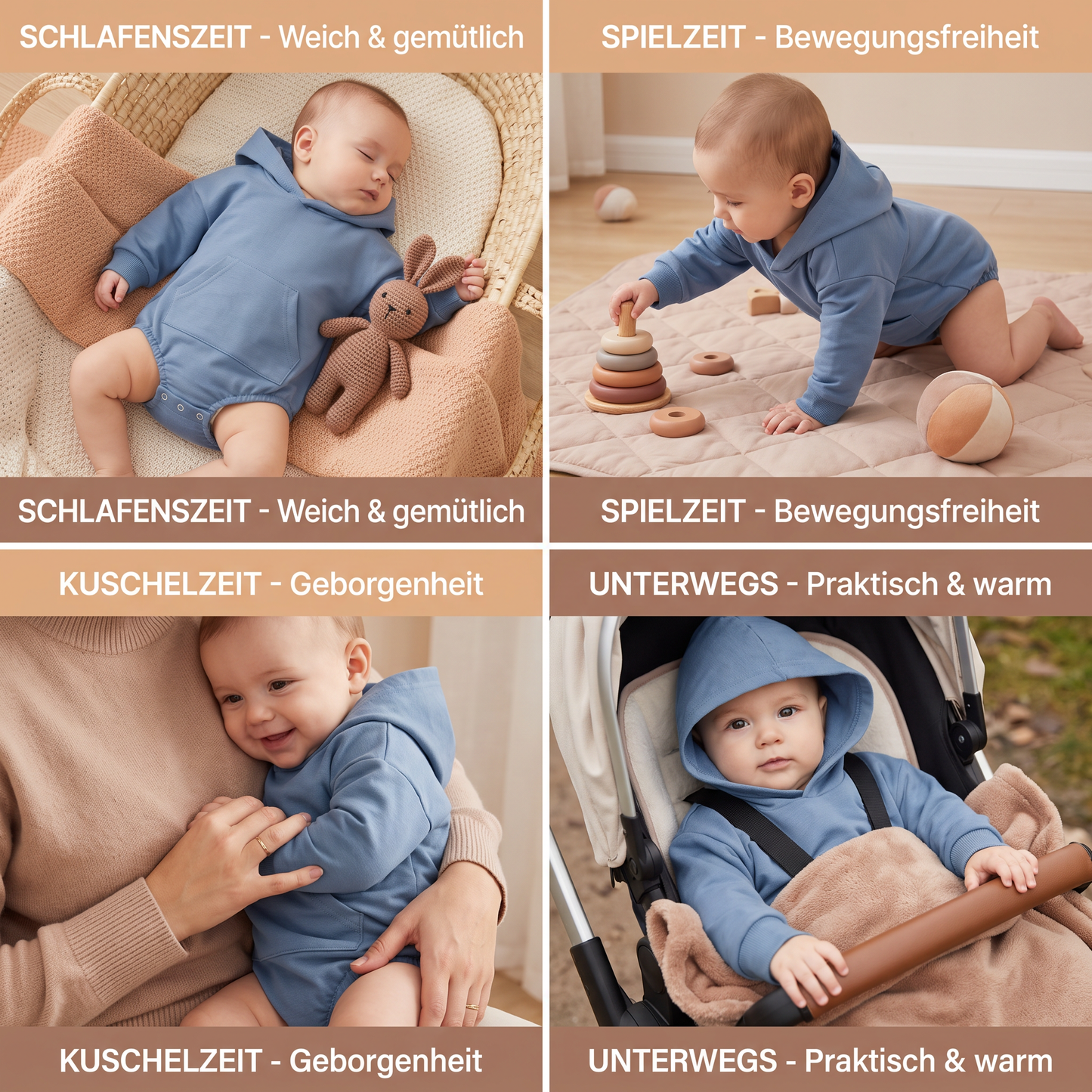 Baby-Strampler mit Kapuze – Weicher Langarm-Einteiler mit Fronttasche