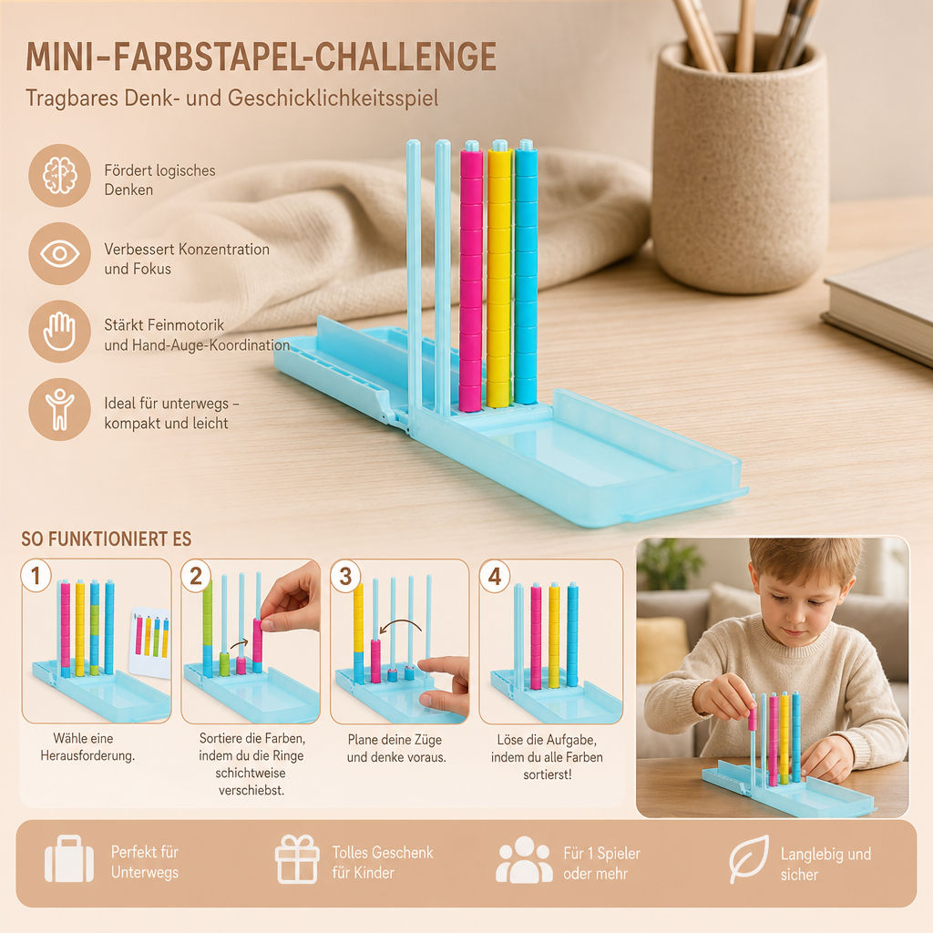 Mini-Farbstapel-Challenge – Tragbares Denk- und Geschicklichkeitsspiel