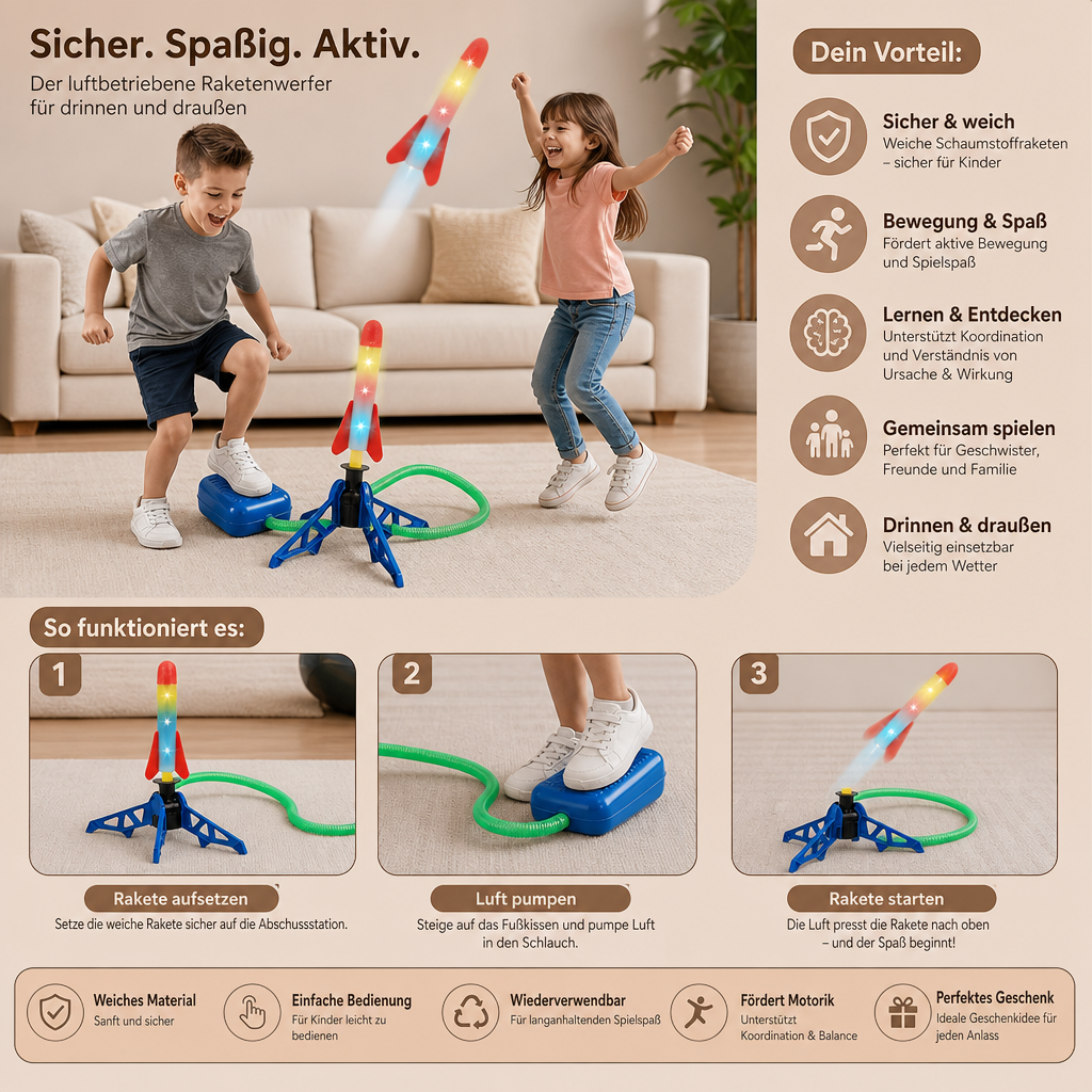 Sicherer & weicher Raketenwerfer für Kinder – Luftbetriebenes Spielzeug für drinnen