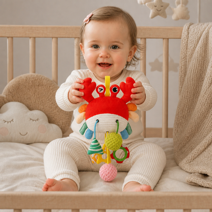 Krabben-Aktivitätsspielzeug für Babys mit Zugschnur, Rassel & Beißring