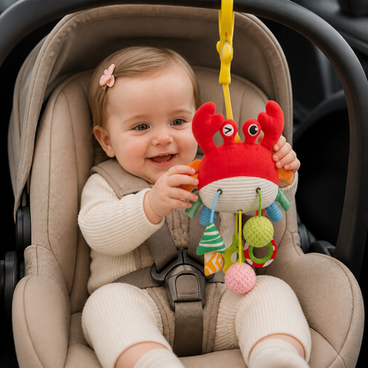 Krabben-Aktivitätsspielzeug für Babys mit Zugschnur, Rassel & Beißring
