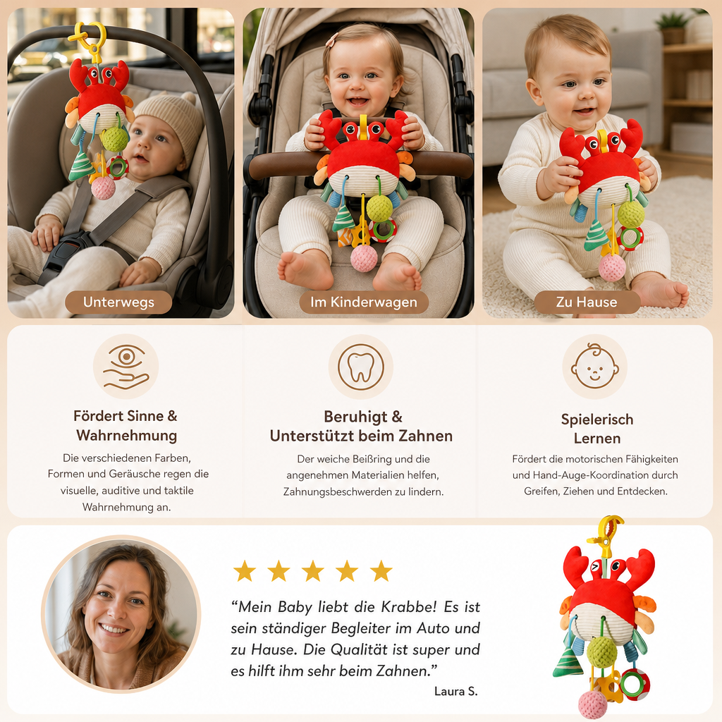 Krabben-Aktivitätsspielzeug für Babys mit Zugschnur, Rassel & Beißring