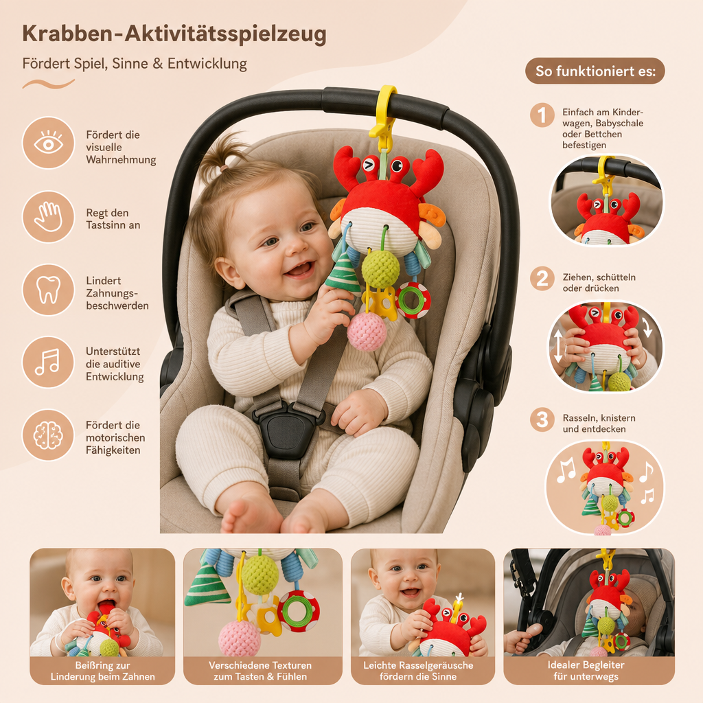 Krabben-Aktivitätsspielzeug für Babys mit Zugschnur, Rassel & Beißring