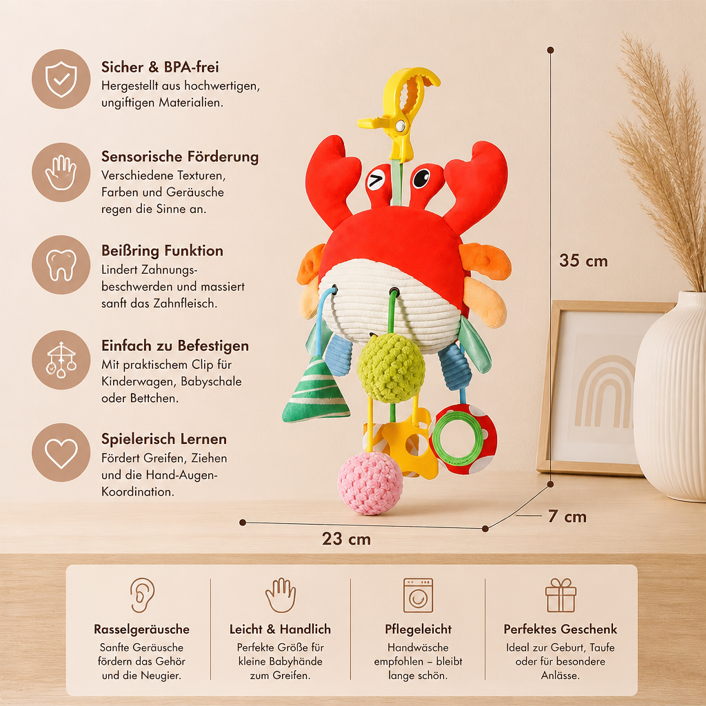 Krabben-Aktivitätsspielzeug für Babys mit Zugschnur, Rassel & Beißring